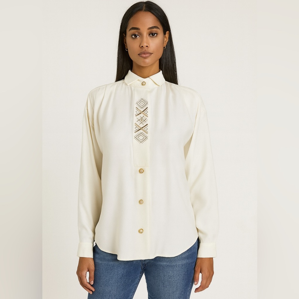 Vintage Cache Cream Gold Embroidered Button Down Shirt 6 S